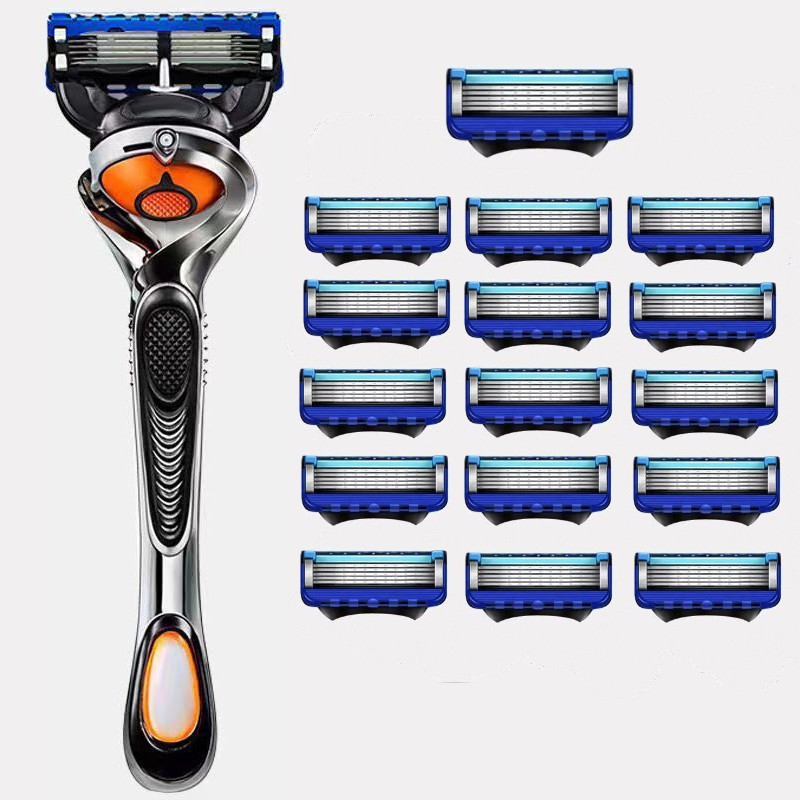 Men's Safety Razor with Non-slip Stainless Steel Handle, Suitable for Beards and Mustaches, 5 Layers of Blades, Including Blades: Orange