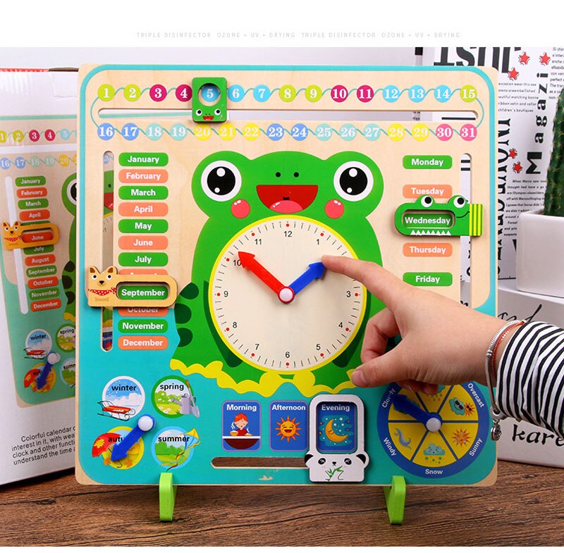 Multifunctional 3D Stand Wood Colorful Weather Calendar Cartoon Clock Frog Animal Four Seasons Time Early Home Educational Toys