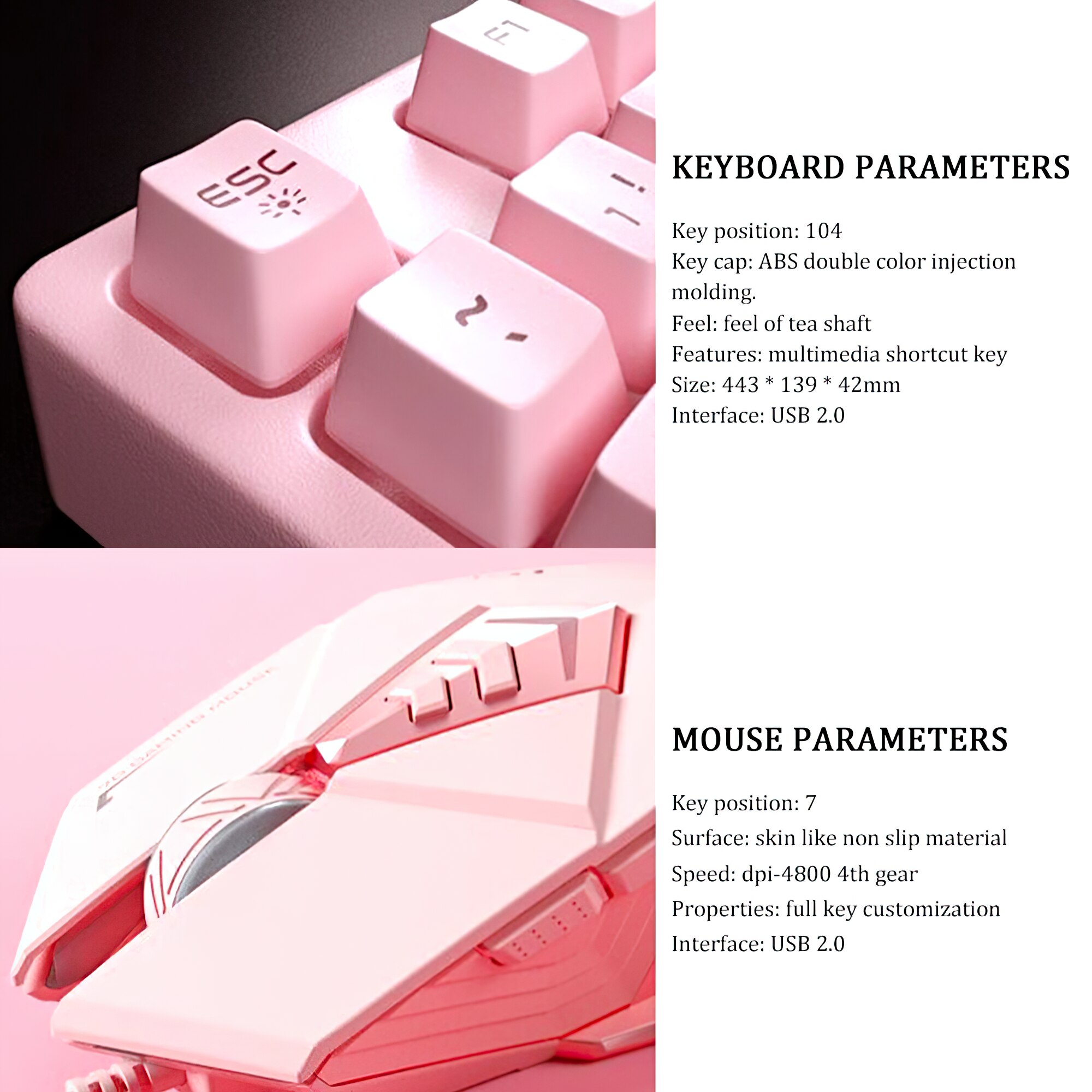 Mouse Keyboard Kit Mechanical Gaming Keyboard Wired Mouse Headphone with Microphone Breathing Light for PC Computer Laptop Pink