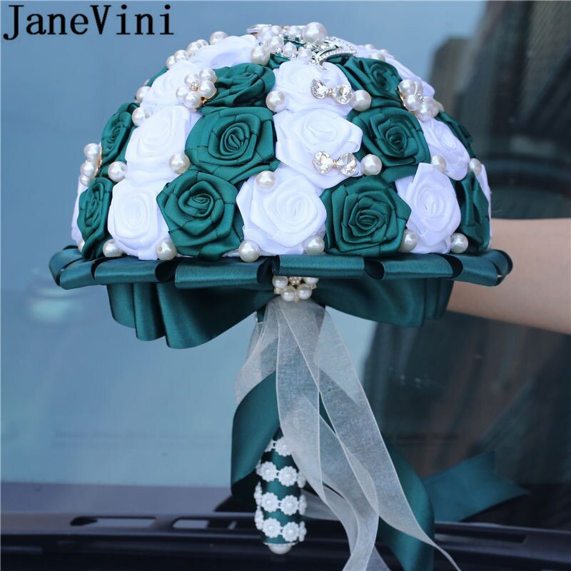 JaneVini – Bouquet de fleurs de mariage, Vintage, vert foncé, perle, ruban de Rose en Satin blanc, cristal, pour les mariées,
