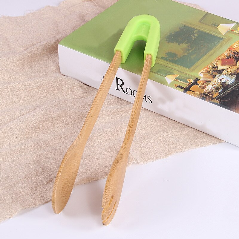 Bamboe Voedsel Tang Salade Taart Snack Clip Grip Broodrooster Tang Siliconen Handvat Brood Tang Gebak Klem Keuken Gereedschap Accessoires: B