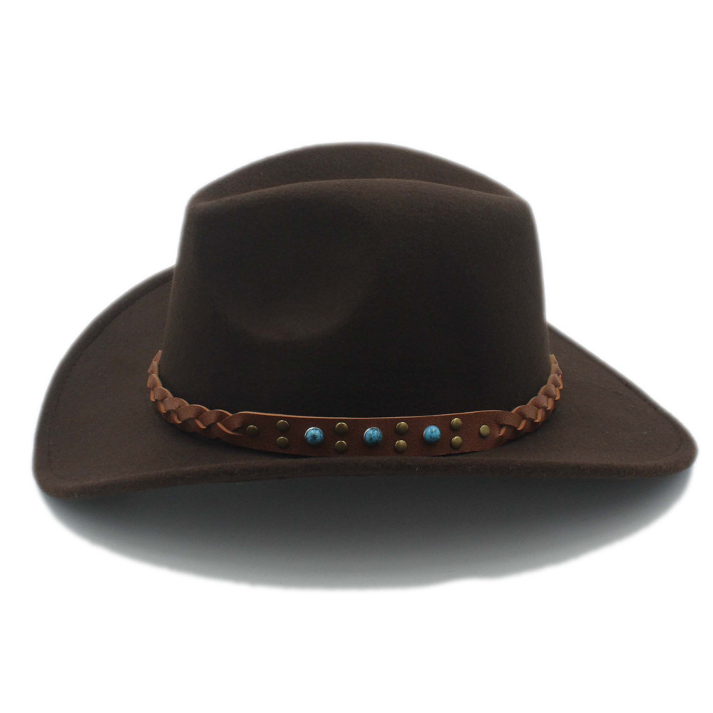 Luckylianji uldfilt vestlig cowboy hat til barn barn bred skygge cowgirl kallaite fletning læderbånd (størrelse :54cm, juster reb)