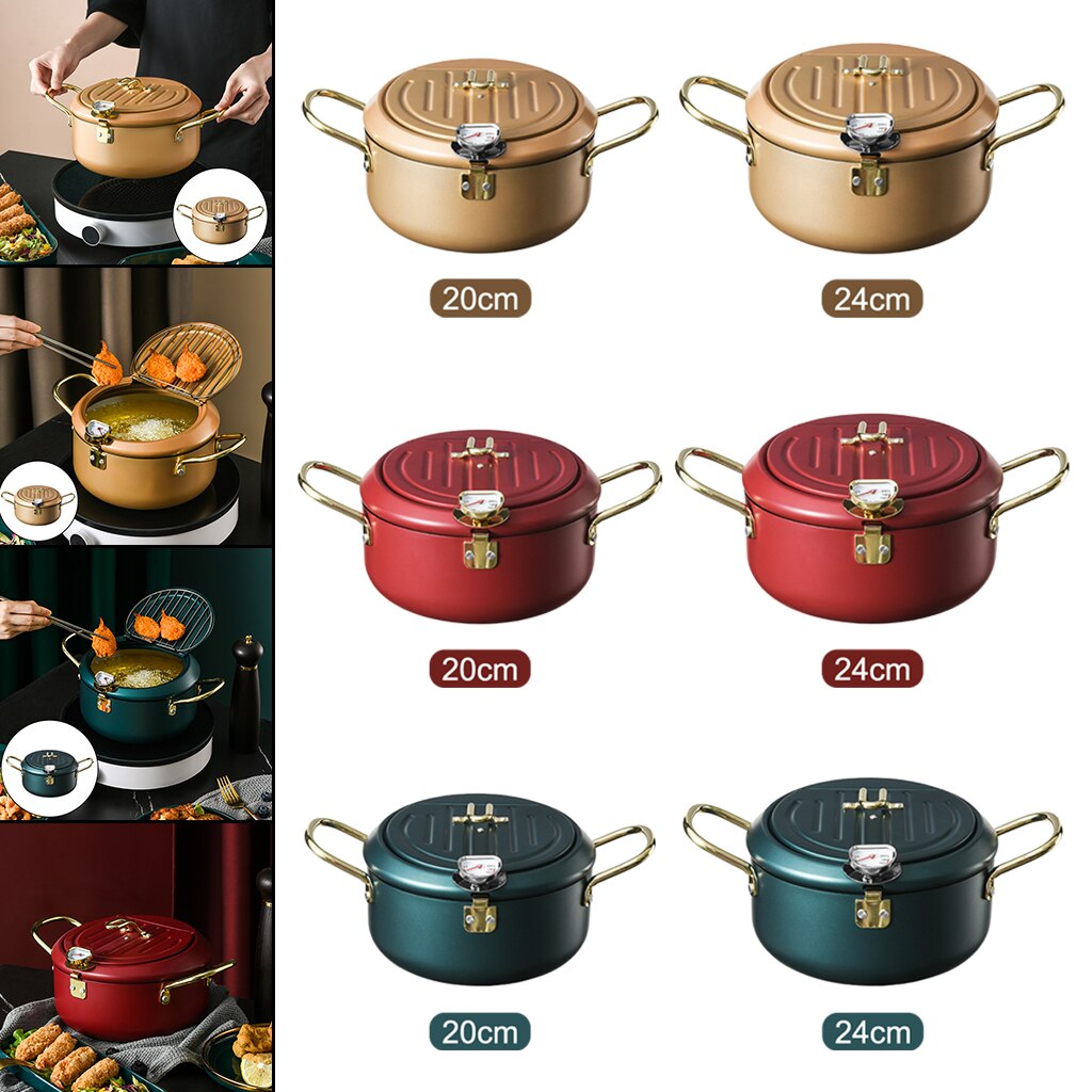 Round Japanese Style Deep Frying Pot Tempura Fryer Pan with Thermometer for Fried Chickens