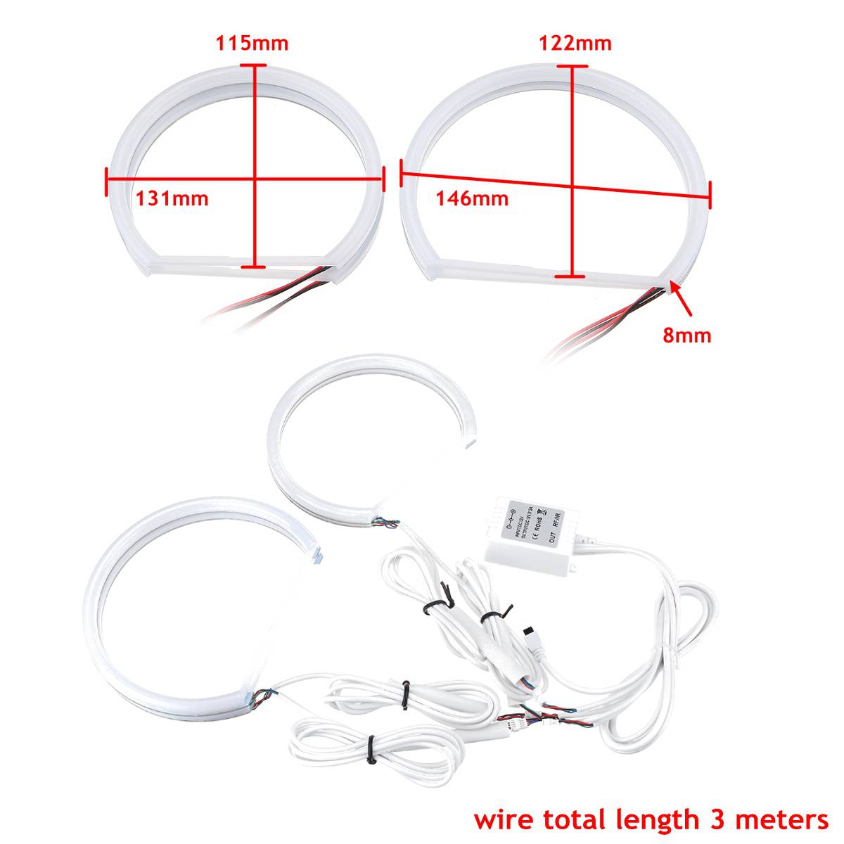 Headlight Multi-color RGB LED Angel Eyes Halo Ring Eye Light Remote Control for BMW E46 E90 E91 2PCS 131mm 2PCS 146mm