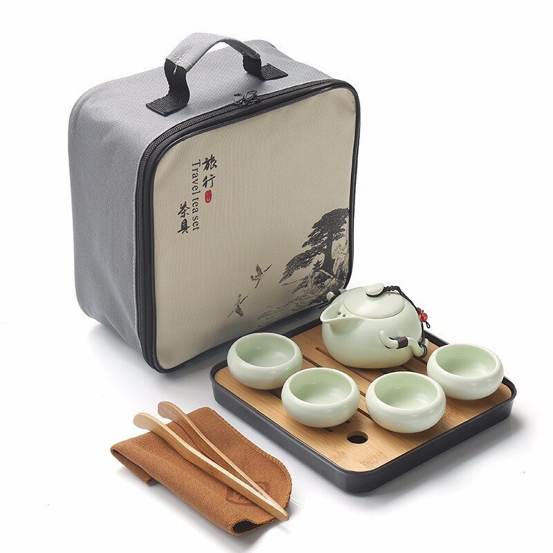 Service à thé Kung Fu de voyage chinois, théière Portable en céramique, théière en porcelaine, tasse de thé Gaiwan, cérémonie de thé, théière avec sac de voyage: A