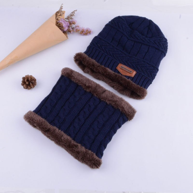 Vinter gutt lue skjerf sett fast strikket lue lokk tykkere varm fløyel låve hatt sikring caps ski myk ringe skjerf låve: Marinen