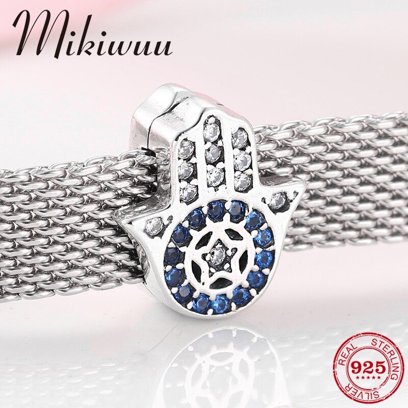 925 Sterling Silver clear and Blue zircon Hand of Fatima charms Clip beads jewelry making fit reflection charm women Bracelet