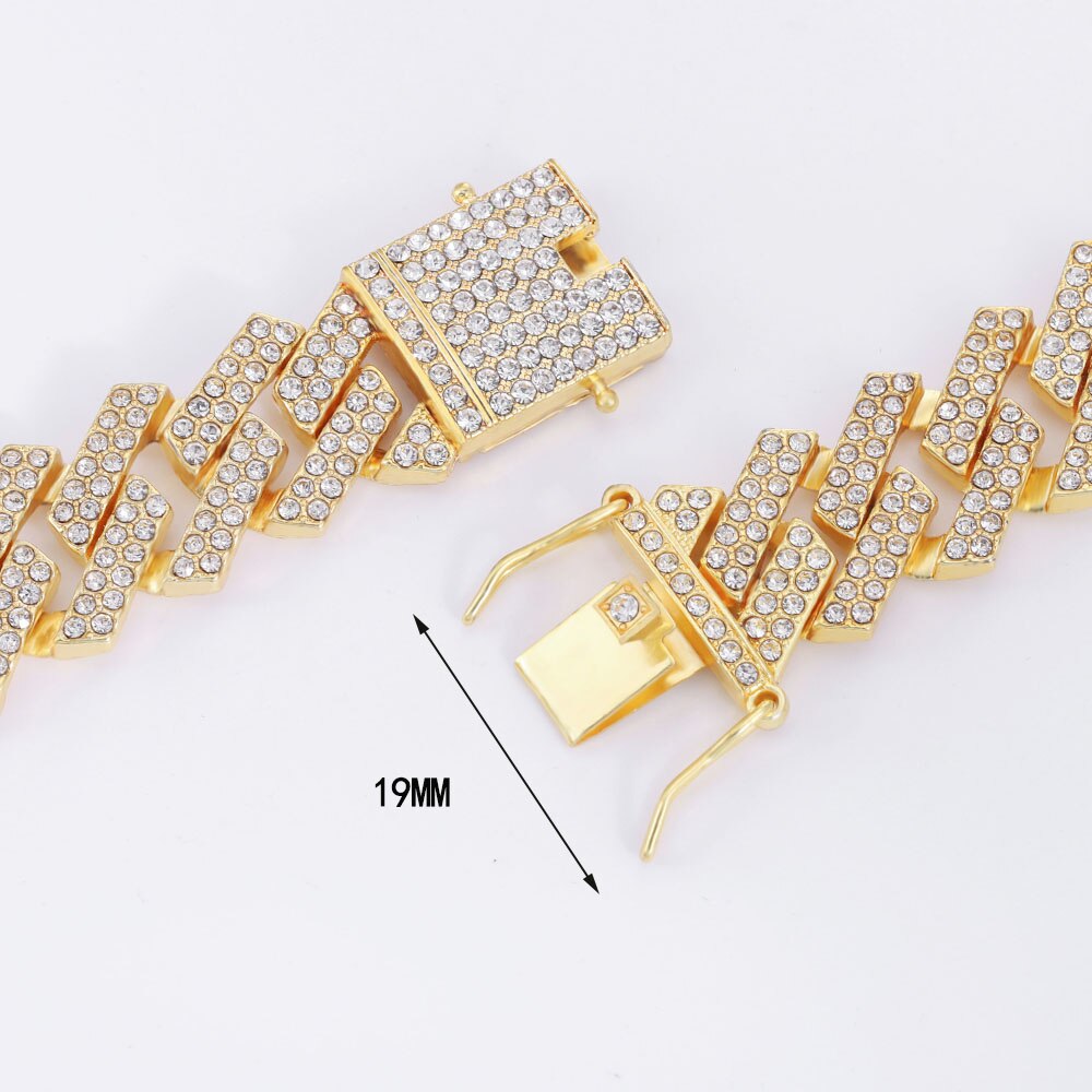 Collier Long glacé pour hommes, Hip Hop, strass or et argent de 19mm, chaîne cubaine, Rap à paillettes, exquis