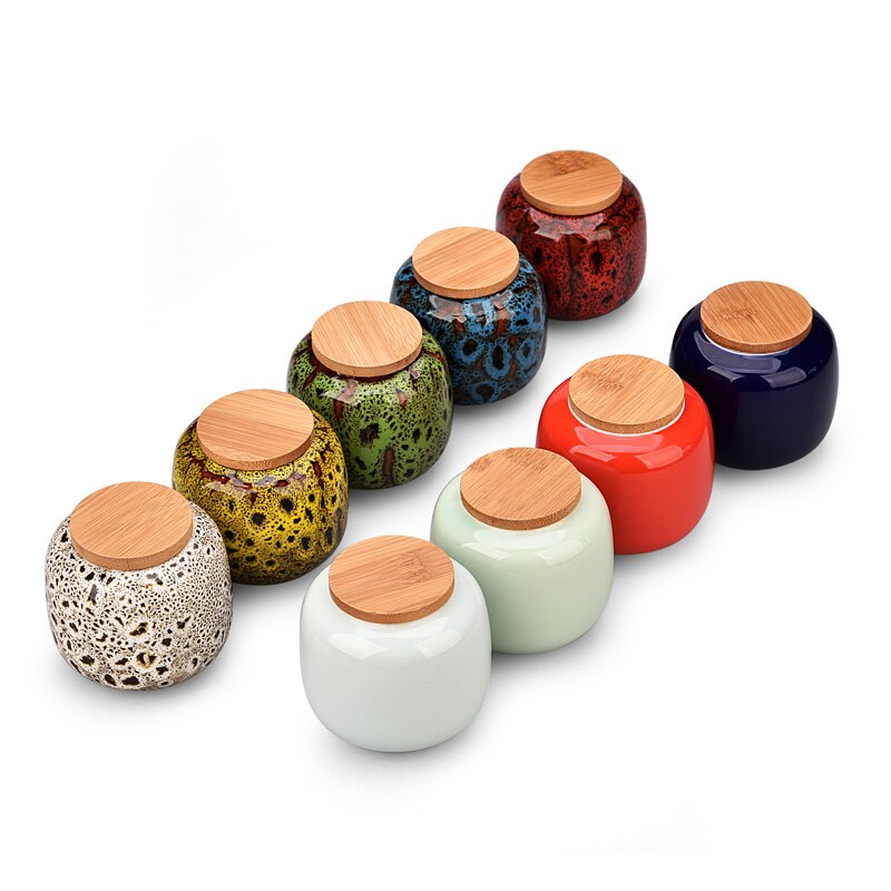 Mini Jarra de cerámica con tapa de madera sellada, recipiente portátil para té, dulces, velas aromáticas, contenedor de porcelana, decoración del hogar