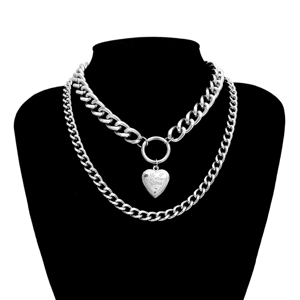 Punk Metalen Hart Choker Ketting Voor Vrouwen Grote Dikke Ketting Ronde Hollow Multilayer Hanger Lange Kettingen Sieraden