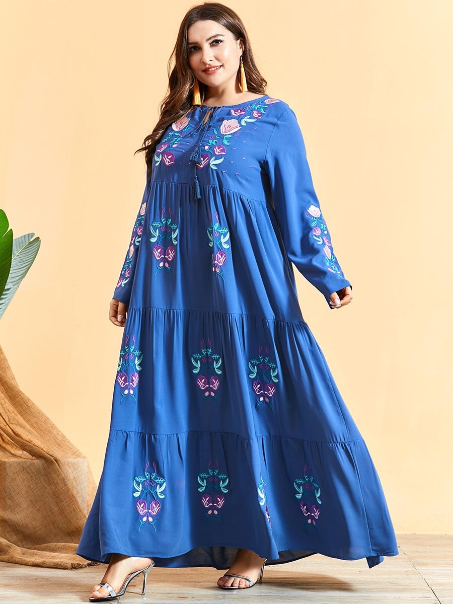 Herfst Winter Jurk Plus Size Vrouwen Lange Mouwen Borduren Bloemen Elegante Jurk Losse Oversized Maxi Lange Moslim Jurk: Blauw / XXXL