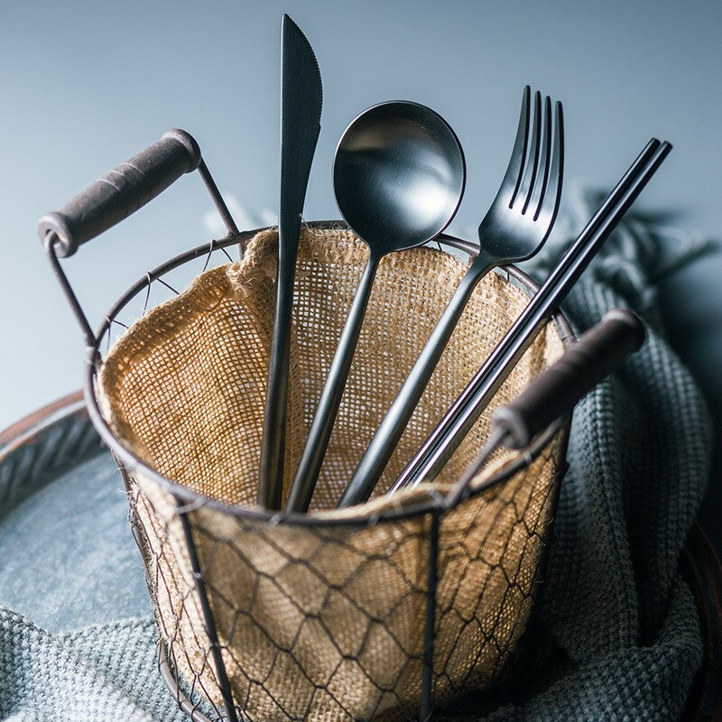 Black Matte Cutlery Set 304 Stainless Steel Dinner Knife Soup Spoon Butter Knife Chopsticks Teaspoon Dessert Fork Flatware