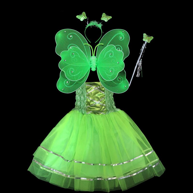 Niñas mariposa ala diadema varitas vestido niños Hada princesa actuación Cosplay disfraz Decoración Para vestido de Halloween: green 4pcs set