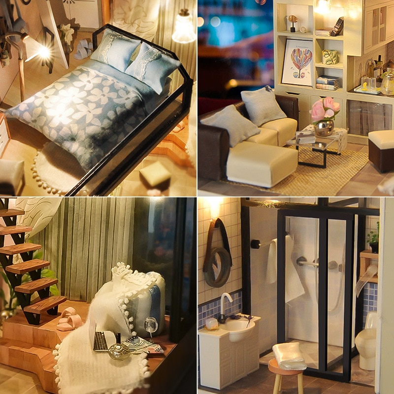 DIY Holz Puppe Haus Moderne Stadt Loft Kinder Spielzeug DIY Miniatur Puppe Haus Holz Kit Möbel Lampe Bett Zabawki Dla dzieci
