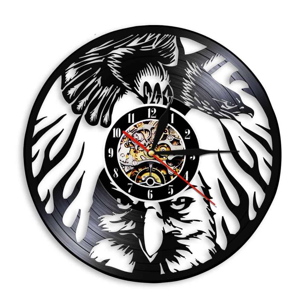 Stijgende Bald Eagle Dieren Muur Art Decor Horloge Eagle Aanvallen Silhouet Eagle Vogel Vintage Vinyl Record Wandklok Home Decor