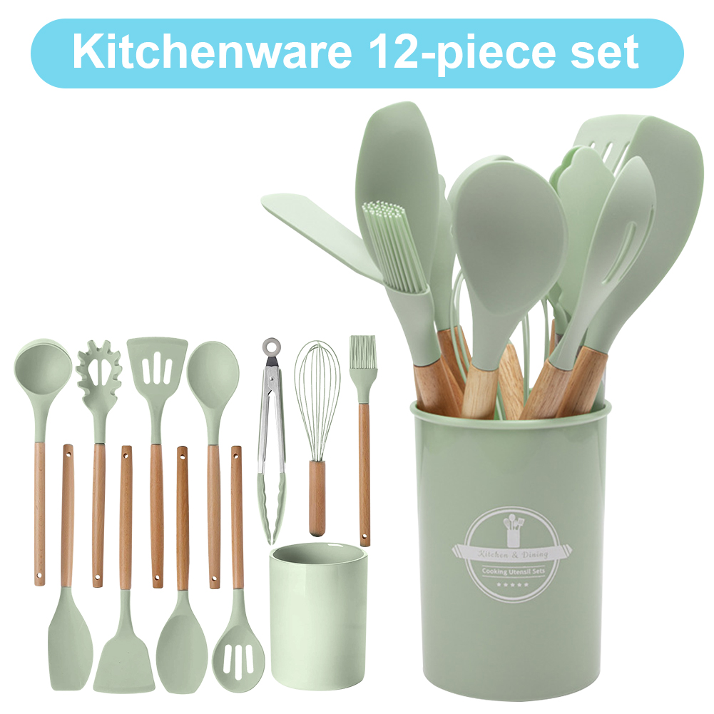 12Pcs Kitchen Utensil Set Cooking Tools Kit with Holder Heat-Resistant Cookware Spatula Spoon Brush Whisk Kitchen Supplies: light green