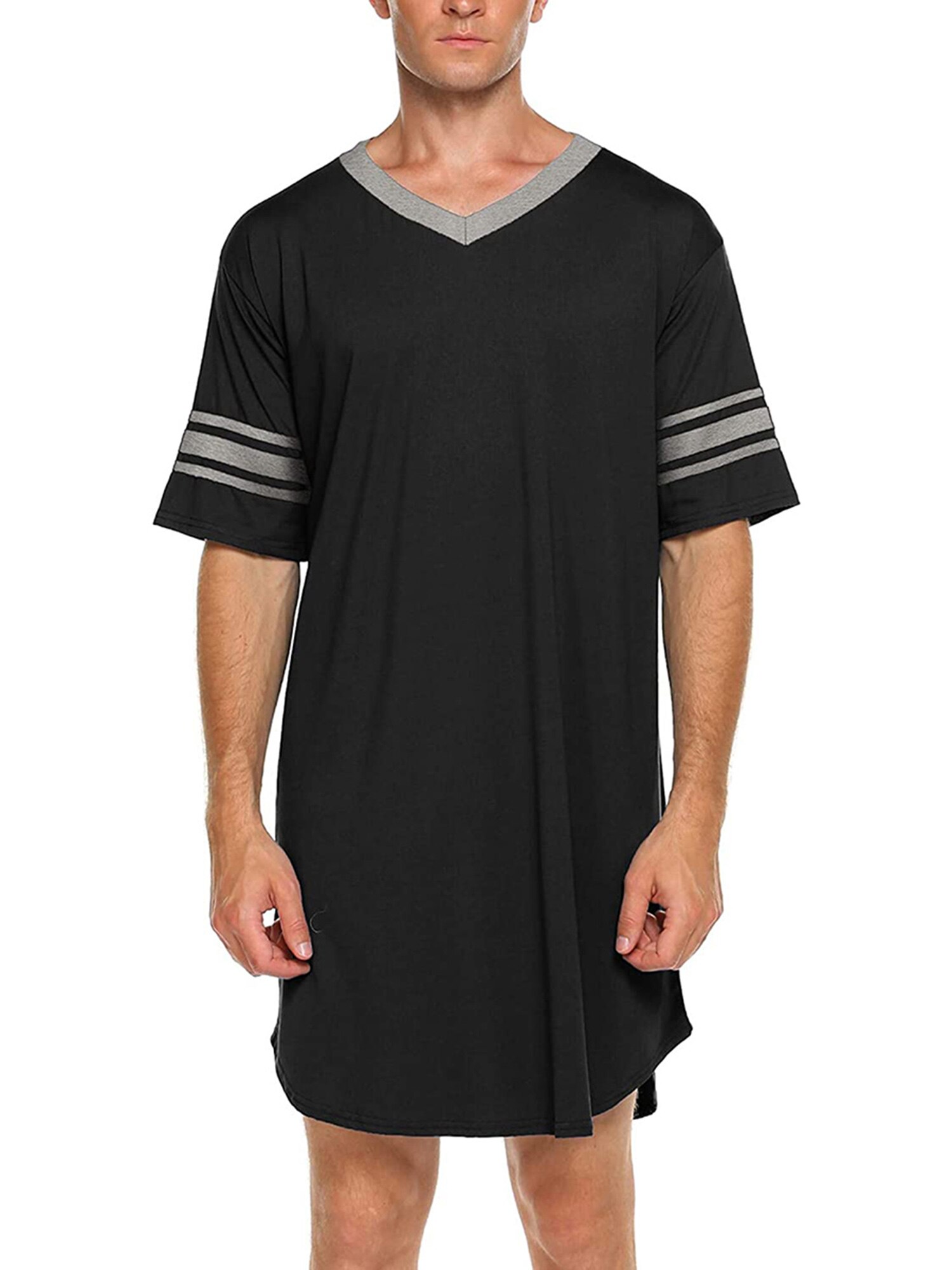 Mens Undearwear Cotton Nightshirt Short Sleeve V-neck Soft Loose Nightwear Comfortable Men Sleepwear Male Homewear Sleepshirts: Black / M