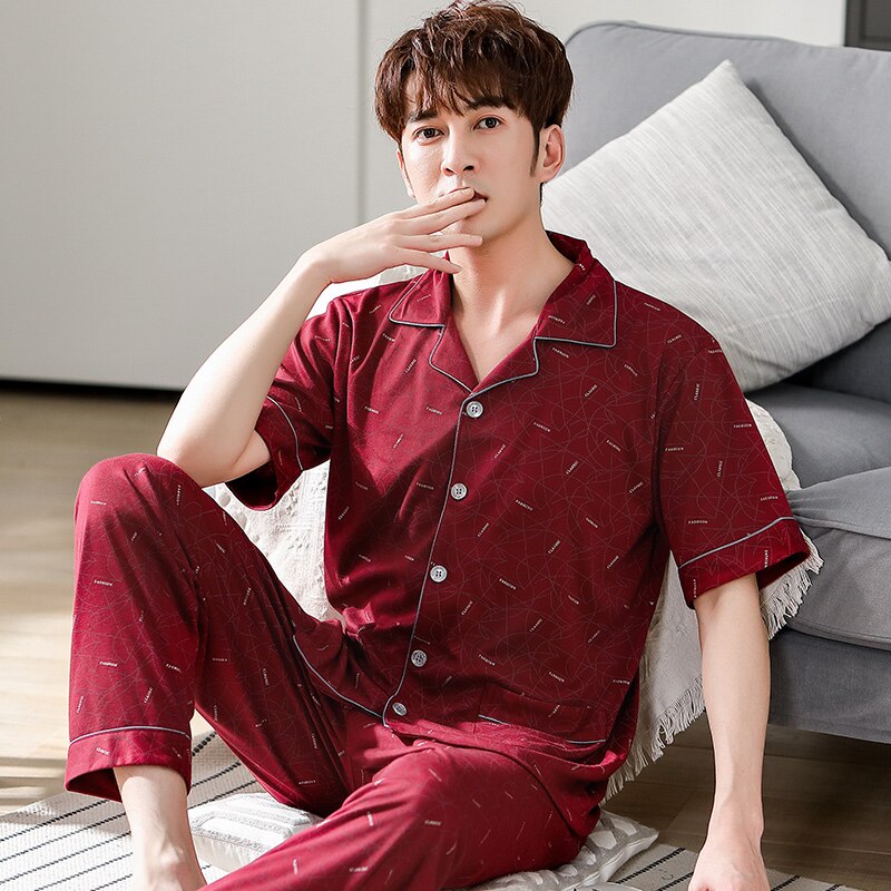 Zomer Gebreide Katoenen Mannen Pyjama Korte Mouwen Turn-Down Kraag Plus Size Pijamas Korte Tops + Lange Broek Twee delige Set Pyjama