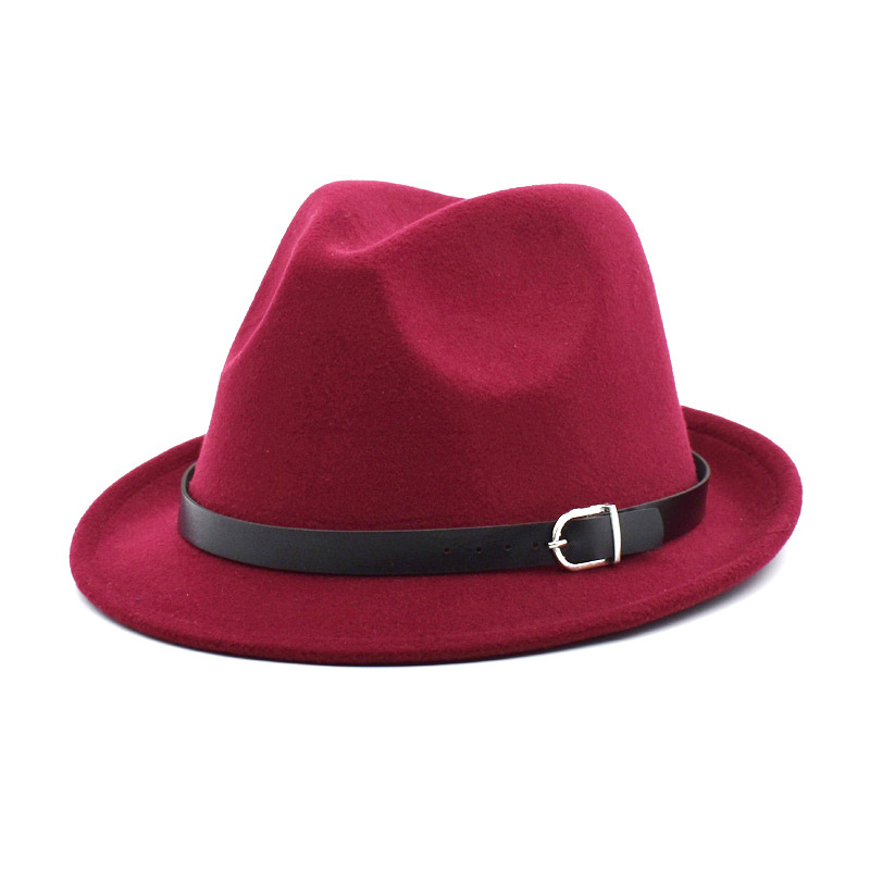 European Classical felt Fedoras Hat for Men Women Cowboy Trilby Cap Homburg Church Jazz Hat with Belt: Red wine