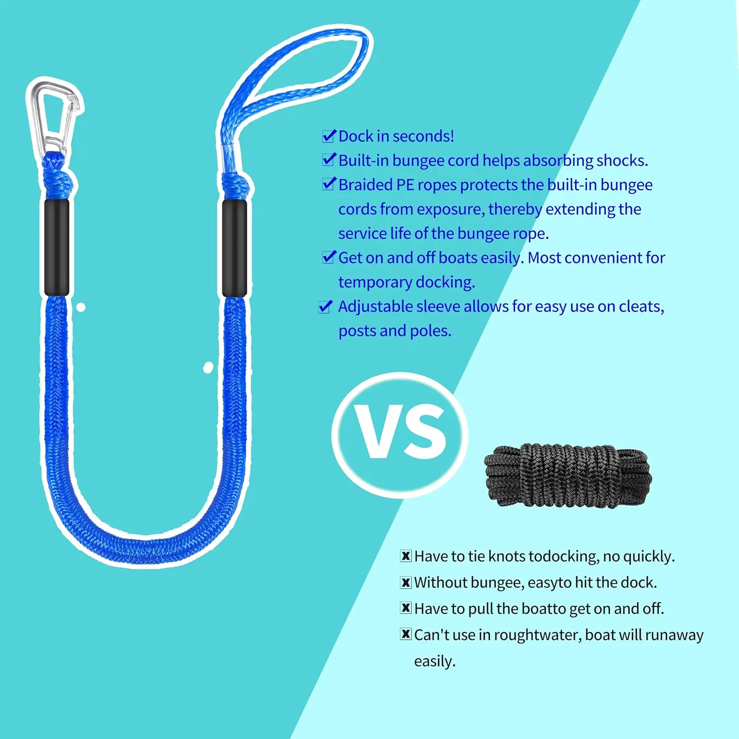 Líneas de muelle elásticas de 4 pies para barco, cuerdas de amarre de muelle (azul, 4 pies con un gancho)
