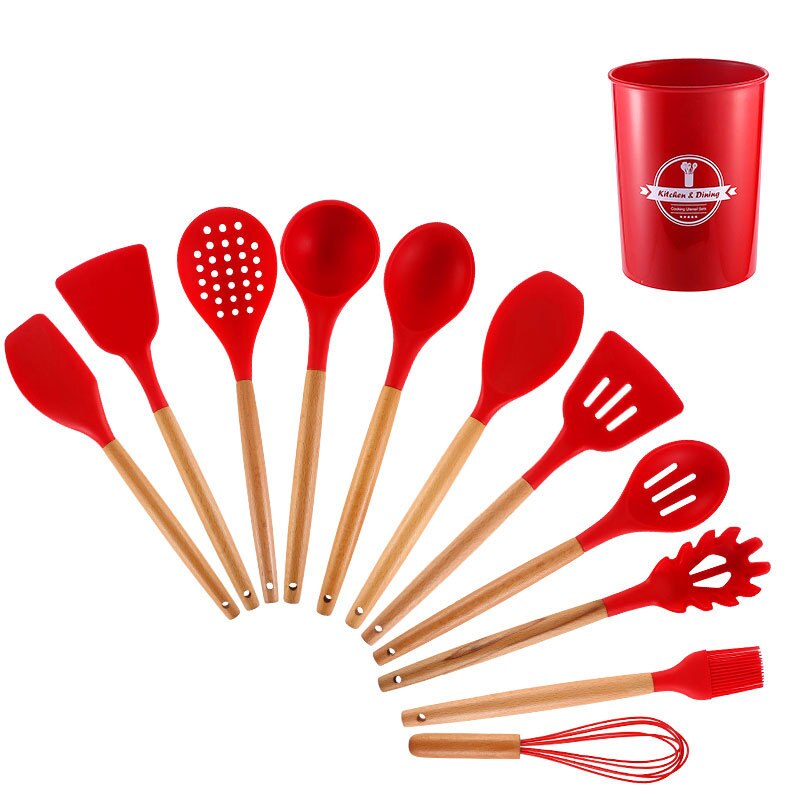 Cooking Tools Silicone Utensils Set Turner Tongs Soup Spoon Brush Non-stick Shovel Oil Spatula Kitchen Tool Set Red