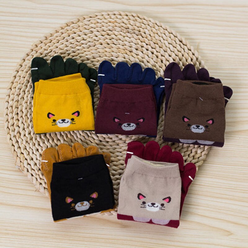 1 Paar Vrouwen Meisjes Zachte Cartoon Kat Sokken Vijf Vinger Tenen Katoen Herfst Winter Warme Sokken IK88