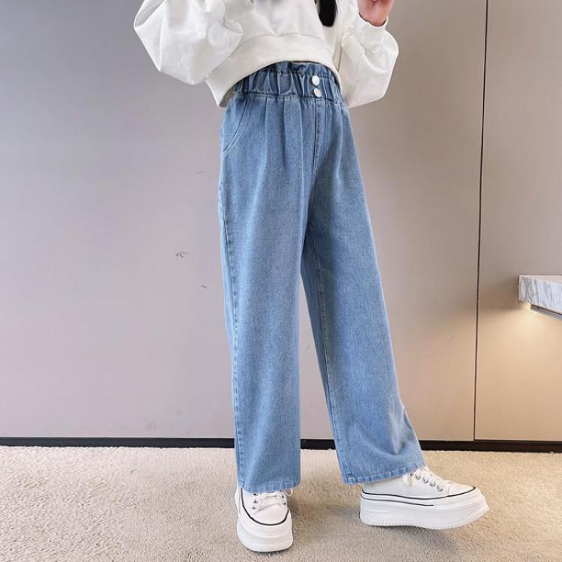 Toddler Kids Girls Jeans 2022 Spring Loose Straight Wide-Leg Denim Pants Children Ruffle Waist Trousers Teenag Girl Leggings 13Y