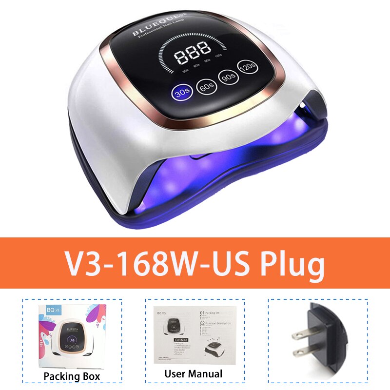 BLUEQUE V3 LED UV lámpara gran espacio 168W lámpara de uñas pantalla LCD rápido seca uñas secador de Gel lámpara lámpara para manicura: US Plug