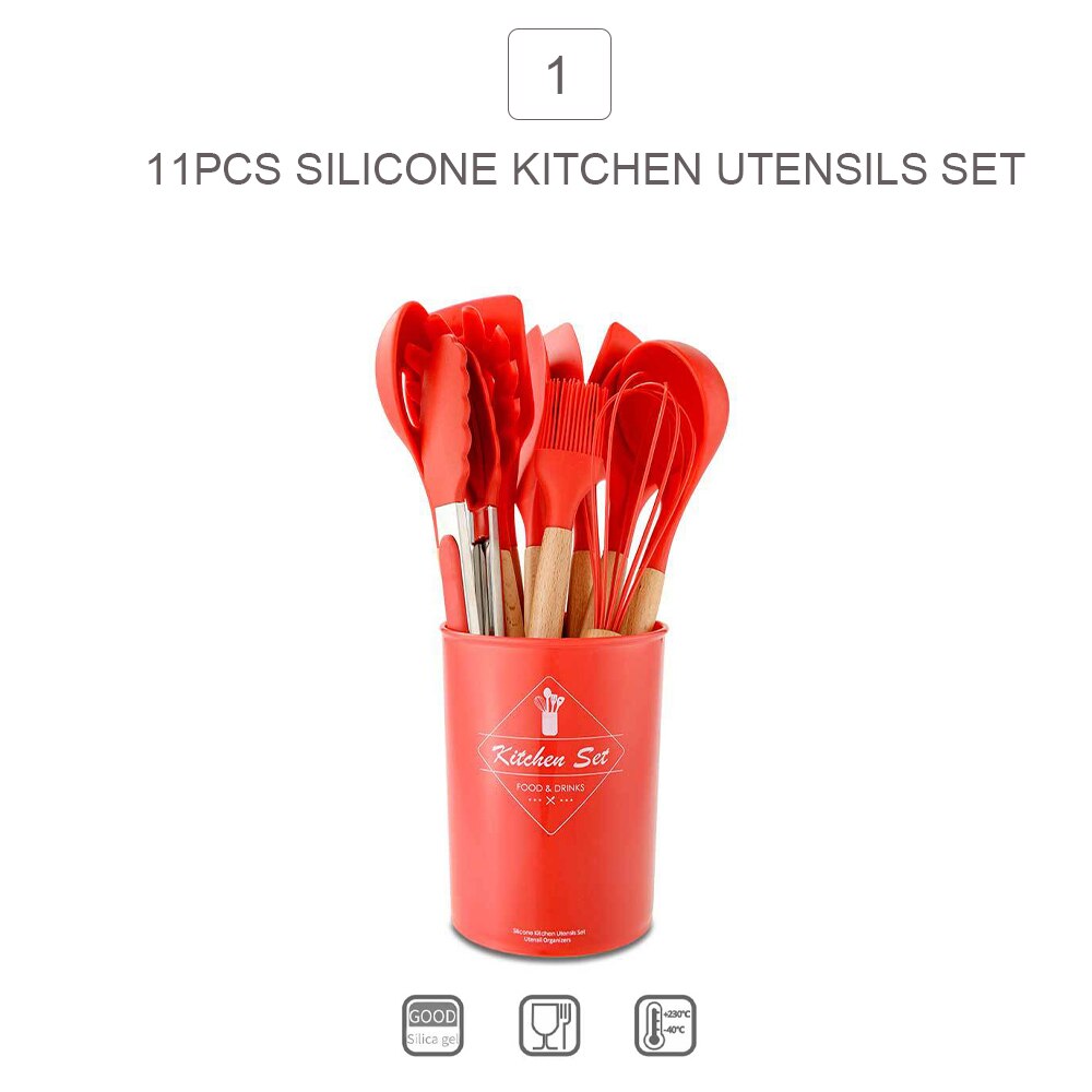 Køkkenredskaber sæt 11 stk silikone redskaber køkkenudstyr til non-stick pot silikagel køkkenredskaber træhåndtag køkkenudstyr