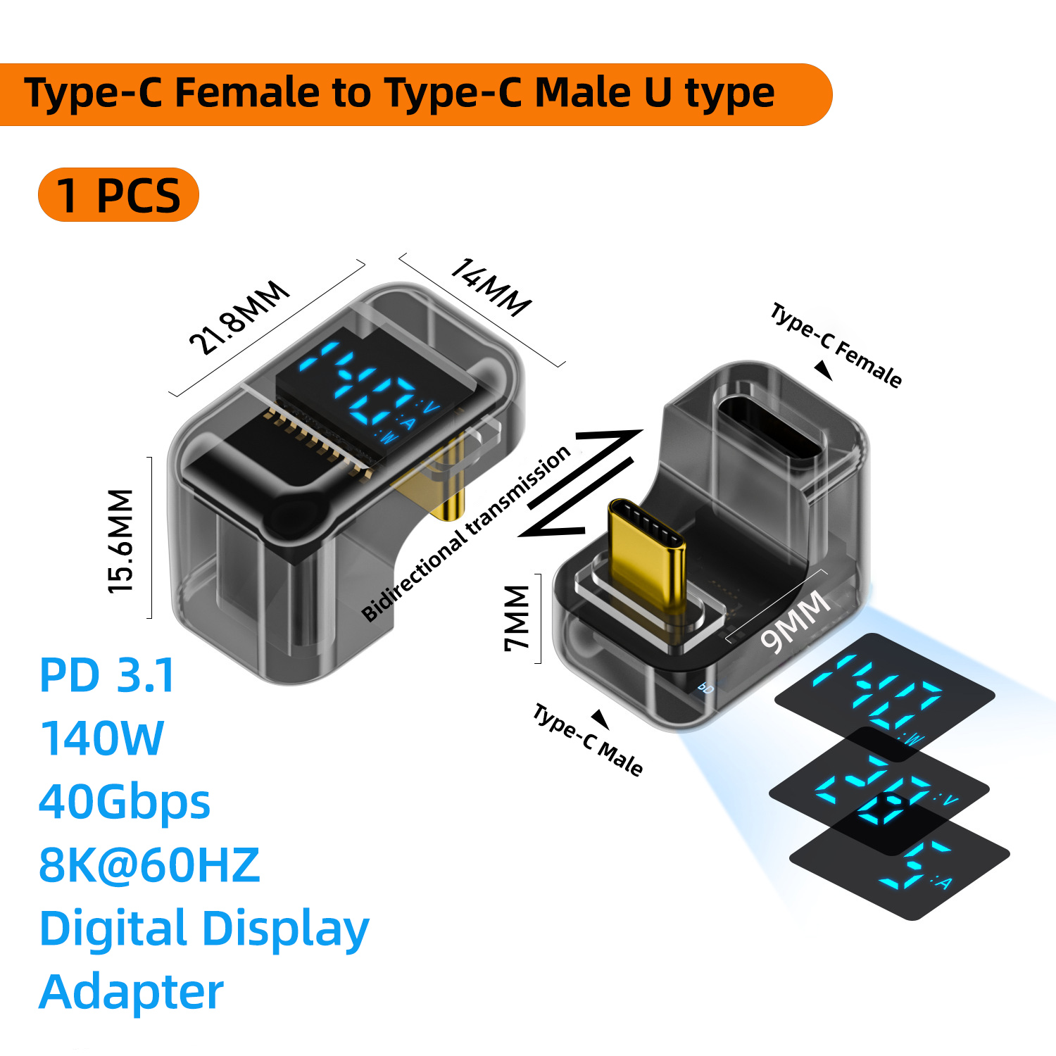 NNBILI 90 Degree USB C Adapter Right Angle U Shape Type C Adapter 40Gbps Data Transfer PD 140W USB4.0 8K 60Hz for Thunderbolt: pink