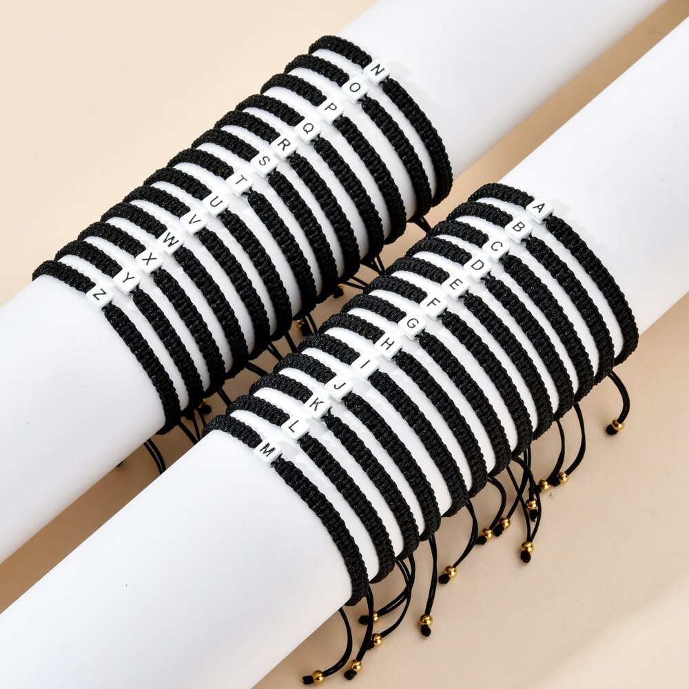 Zmzy A-Z Set Zwart Touw Geluk Armbanden Paar String Gevlochten Vriendschap Sieraden Voor Vrouwen 26 Letters Charm Naam Armband Mannen