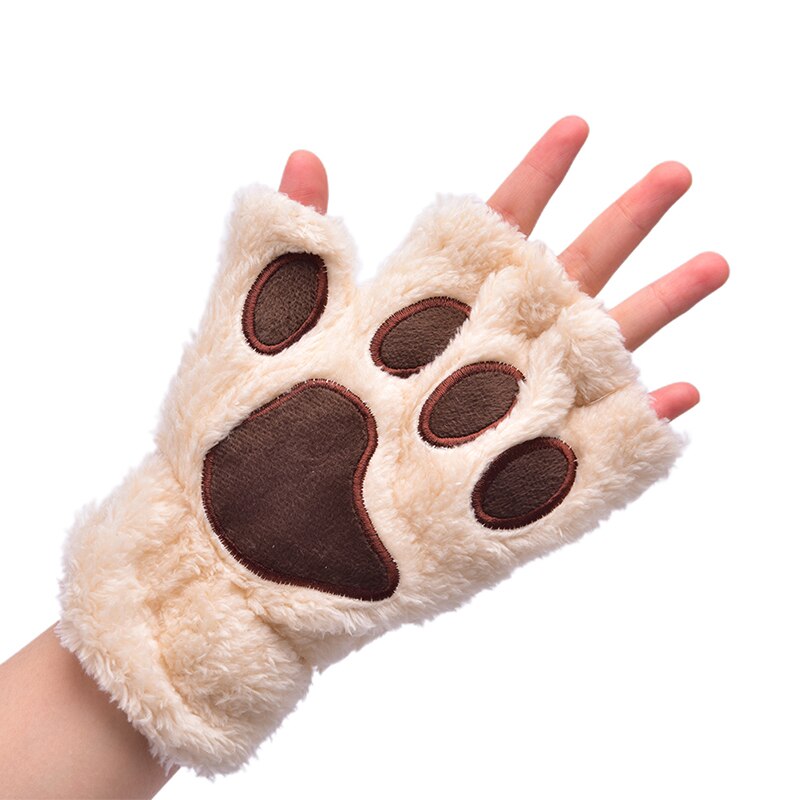 Soft Plush Short Fingerless Fluffy Bear Cat Gloves Costume Half Finger Black Beige Women Cute Cat Claw Paw Plush Mittens Warm