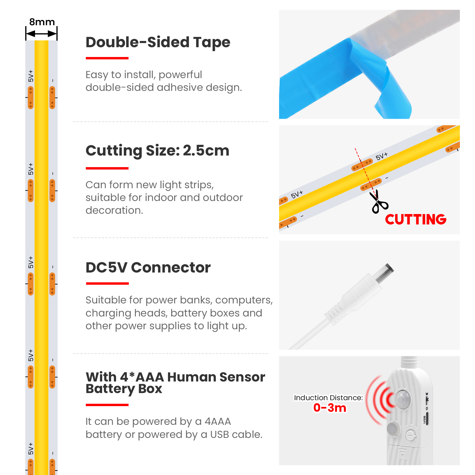 Tira de luces LED COB con Sensor humano, batería 4AAA, cinta LED Flexible regulable de 5V con cinta adhesiva para retroiluminación de armario y dormitorio