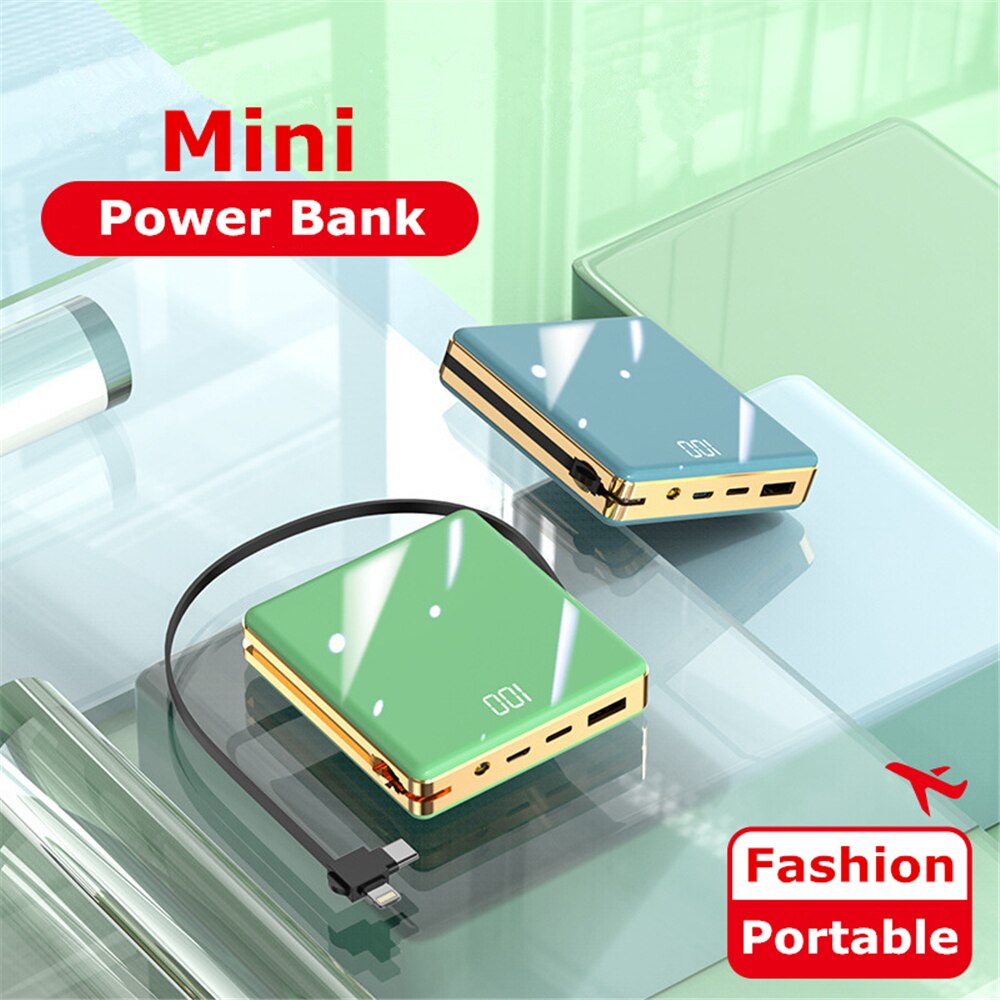 Mini powerbank 10000 mah externe batterij led-verlichting draagbare reis powerbank snel opladen back-up powerbank met kabels