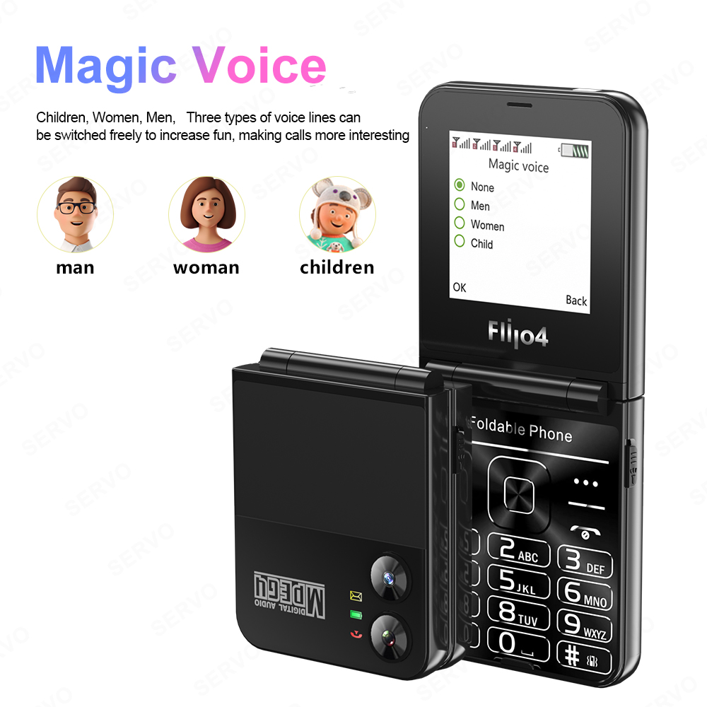 SERVO Flilo4 Flip Cellulare Quattro SIM Card GSM Rete cellulare Torcia Speed Dial Magic Voice Telefono cellulare pieghevole Prezzo basso
