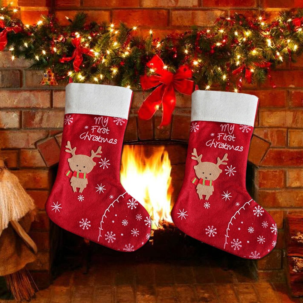 Besegad 4pcs DIY Hanging Christmas Knitted Stockings Plush Candy Sock Red Cloth Pouch Bag Stocking Xmas Tree Decoration Toy