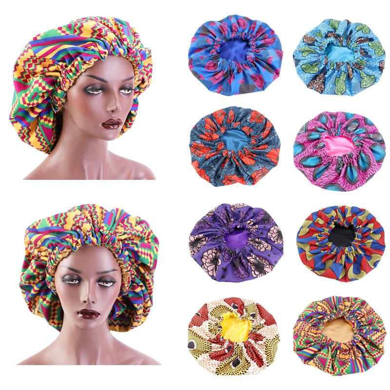 38cm Large Print Satin Bonnet Hair Caps Sleep African Pattern Print Fabric Ankara Night Hat Hair Loss Cover Styling Tools