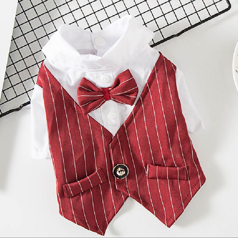 Perro trajes ropa de perro macho traje rojo con arco abrigo para traje botones ropa de mascotas para verano boda lazos perro camisas