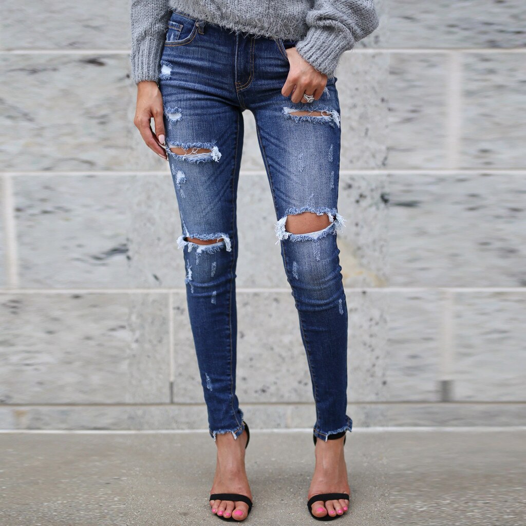 jean femmes taille haute maigre trou Denim bouton Stretch pantalon mince mollet longueur jean roupas déchiré jean rapide