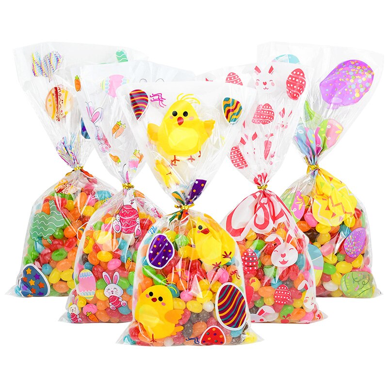 50Pcs Pasen Decoratie Bag Bunny Eieren Kip Afdrukken Cellofaan Zakken Bakken Snoep Verpakking Zakken Happy Easter Party Gunsten