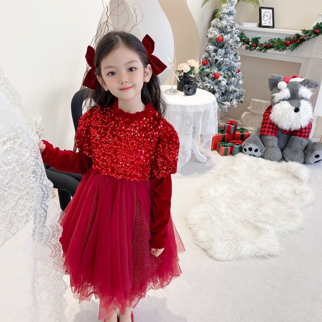 Tongbao-vestido de terciopelo y zorro plateado para niña, vestido de princesa de terciopelo con lentejuelas, para otoño e invierno, Año , Navidad y Año ,