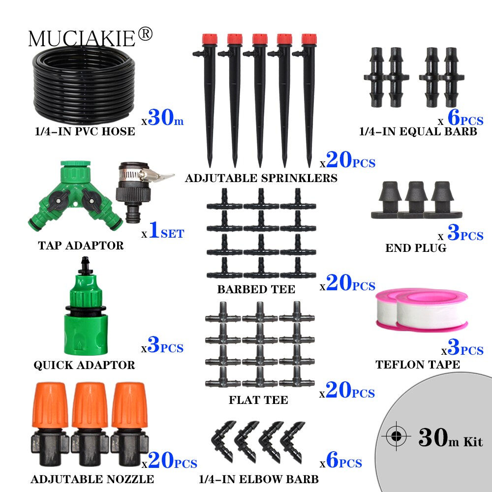 Muciakie garden 1/4 &quot; slange drypvanding automatisk vanding kit tåge spray kølesystem med justerbar drypper controller: 30m 4 l 7 sæt