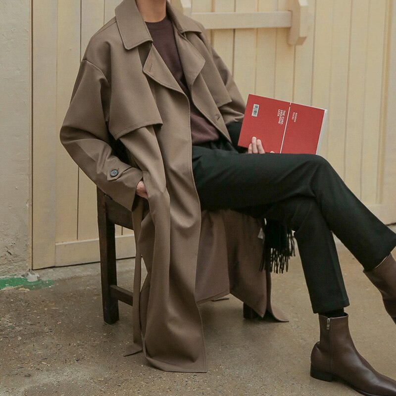 IEFB-abrigo largo medio holgado para hombre, gabardina con cinturón, doble botonadura, coreana, novedad primavera , 9Y5262: Brown / M