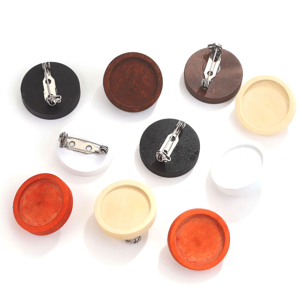 10pcs Blank Wood Cabochon Brooch Base Settings Fit 20 25 30 40mm Round Bezel Tray Diy Brooches Pin Backs for Jewelry Making