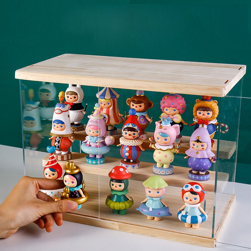 transparent Acryl Anzeige fallen Schutz Lagerung Würfel Schaufenster Container Holz Basis für Puppe Figuren Parfüm