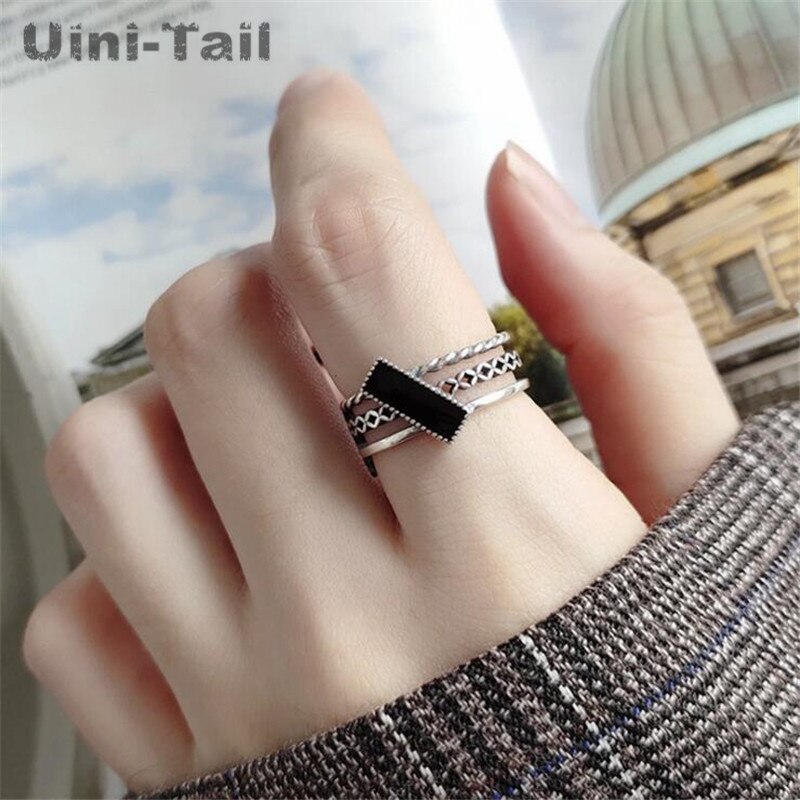 Uini-tail offre spéciale 925 en argent Sterling trois couches torsion anneau ouvert Simple rétro noir époxy rectangulaire bijoux