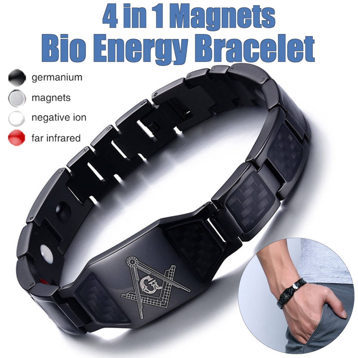 Zwart 4 In1 Mannen Staal Magnetische Therapie Healing Armband Bio Magneet Gezondheidszorg Bangle Pijn Verlichten Anti Straling Polsband