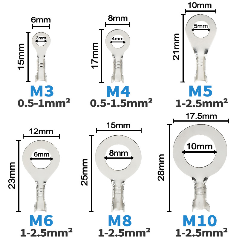 100PCS/lot M3 M4 M5 M6 M8 M10 Ring Lugs Terminals Gold Brass/Silver Non-insulated Crimp Termin Electrical Wire Connectors