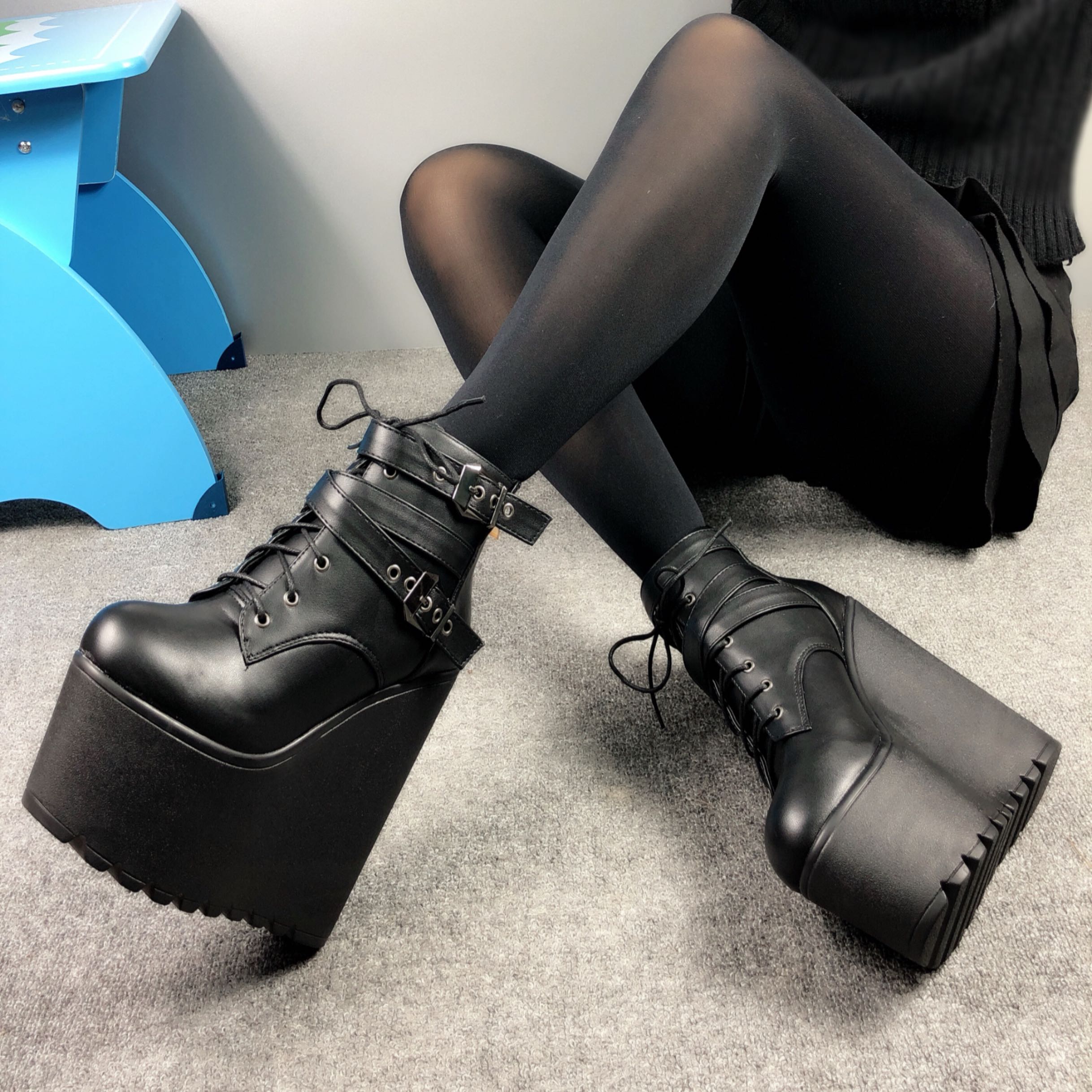 Wedges Ankle Boots White Black Rubber Sole Shoes Platform Boots Women Lacing Autumn Platform Heels Shoes Heel 16 cm