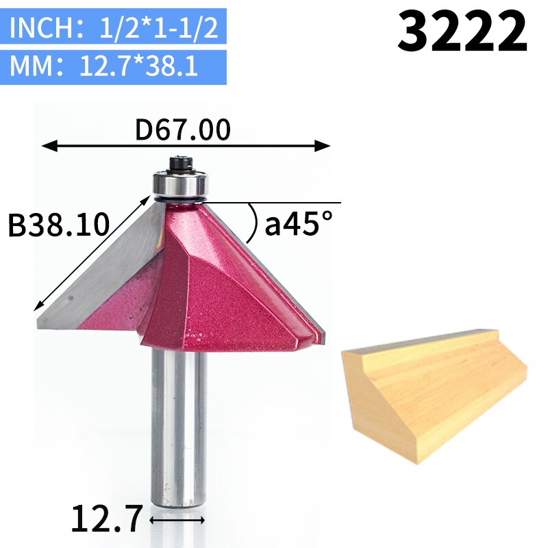 HUHAO 1pcs 1/2"1/4" Shank Chamfer Cutter Industrial grade Router Bits for wood Horse Nose Bit 45 Deg CNC Woodworking Tool endmil: 3222